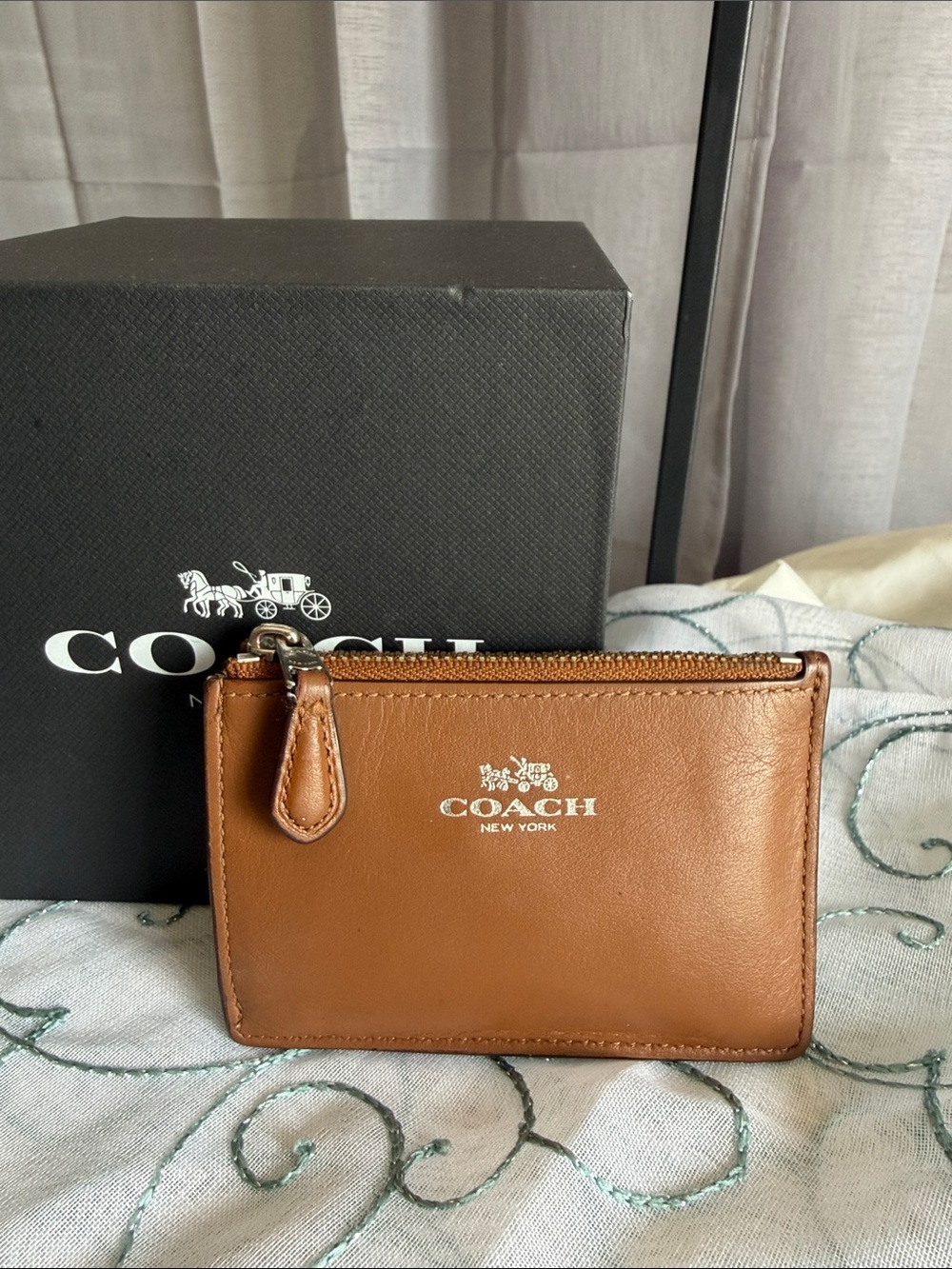Coach Brown Leather Zip Card Holder with Silver Logo